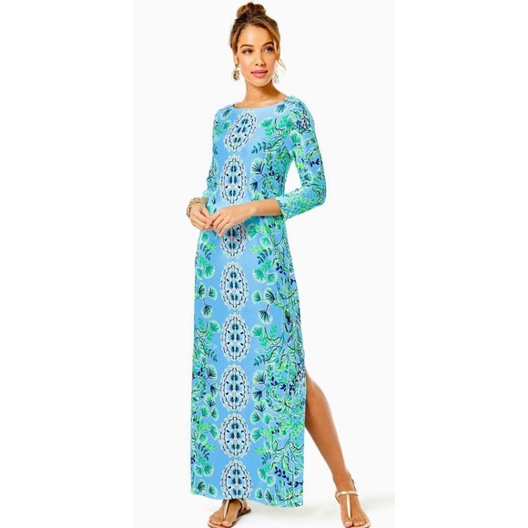Lilly Pulitzer Seralina UPF 50 Maxi Dress Frenchie Blue Mosaic Shells Sz XS - Picture 1 of 11